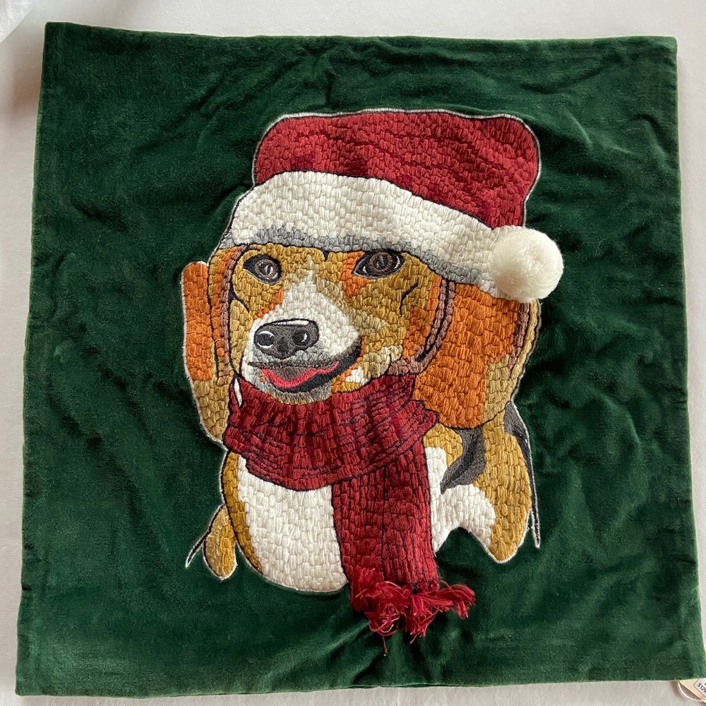 Frontgate Christmas pillow cover with dachshund green velveteen